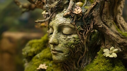 Forest nymph statue, tranquil face, mossy base