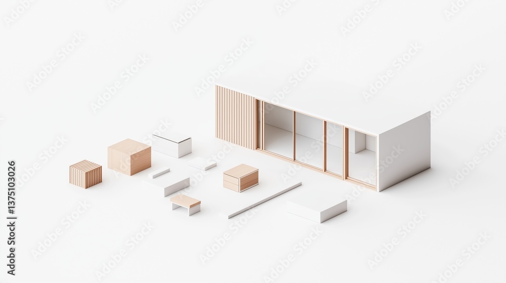 Poster 3d rendering of a modern architectural design. it shows a white building with a wooden facade on the