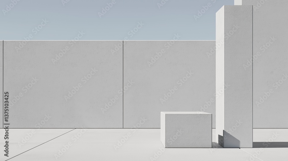 Poster modern abstract composition of a white wall and a square-shaped object on a concrete floor. the wall
