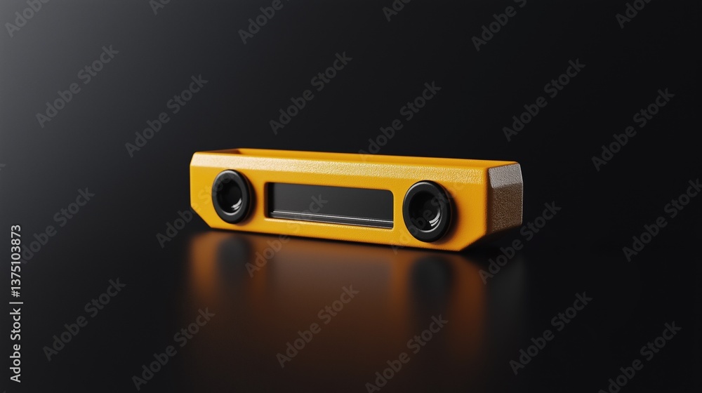 Poster 3d rendering of a yellow rectangular device with two black speakers on either side. the device appea