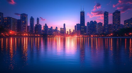 Fototapeta premium Peaceful water reflections with city lights high resolution wallpaper