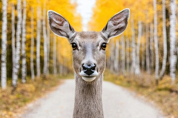 Obraz premium Wild deer encounter on autumn trail nature photography forest environment close-up view wildlife concept