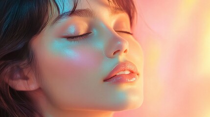 Young Woman with Glowing Skin and Artistic Background Lights