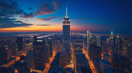 Obraz premium A mesmerizing cityscape at dusk, showcasing towering skyscrapers, glowing streets, and the dynamic energy of urban life as the city lights illuminate the evening sky