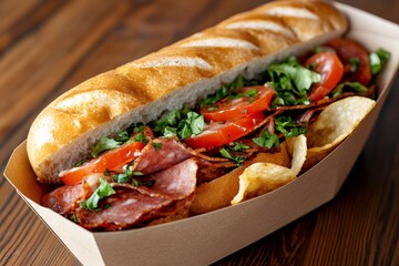 Delicious submarine sandwich with salami, tomato, lettuce and potato chips in cardboard container