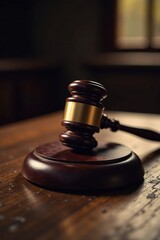 Gavel on Wooden Surface in a Dimly Lit Room, Symbolizing Justice and Legal Proceedings