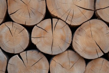 Fototapeta premium Stacked, cut tree logs, showing growth rings, cracks, creating a textured pattern.
