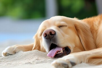 Golden Retriever napping on the beach, tongue out, eyes closed, peaceful moment.