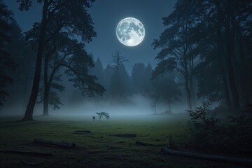 Fototapeta premium Moonlit Glade in a Serene Forest with Shadows and Fog