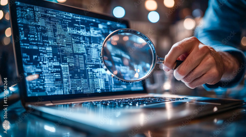 Poster electronic document check and data information searching online depicts a businessman using a magnif