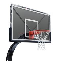 A modern indoor basketball hoop mounted on a glass backboard, isolated on transparent background
