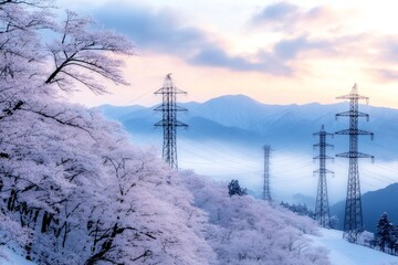 Electricity pylons rising above snowy cherry blossoms in Japan during a beautiful sunrise