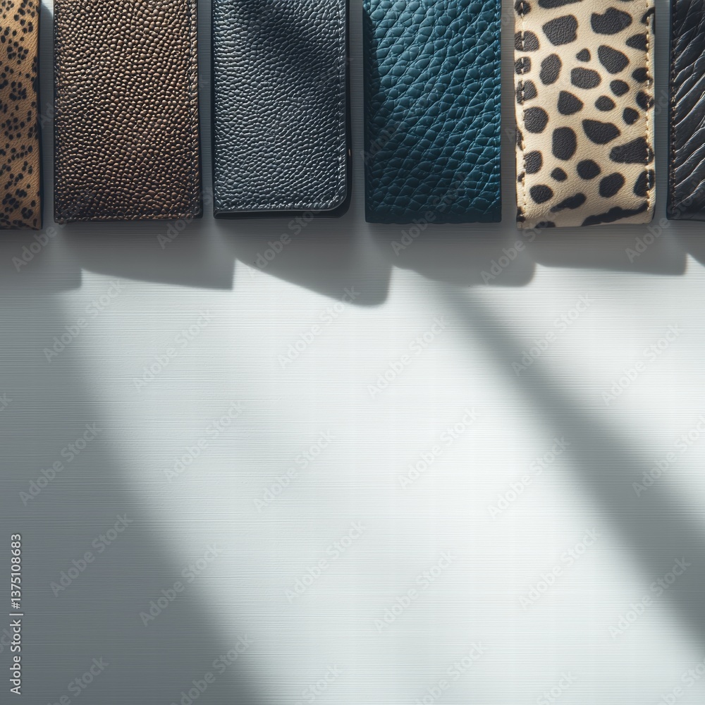 Poster row of stylish wallets displayed neatly on a surface showcasing various colors and designs