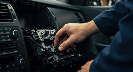 Naklejka premium Mechanic repairing car stereo system; close up shot shows precise work in dim light.. AI Generated