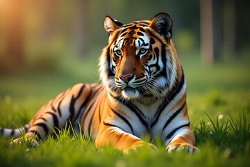 4k resolution image of a Beautiful Tiger lying on the green grass with good lighting