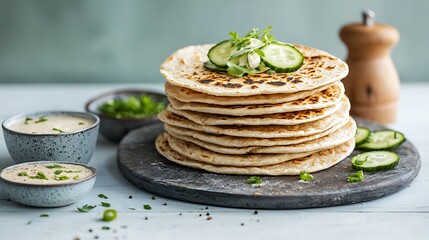 Stacked flatbreads with cucumber and dip