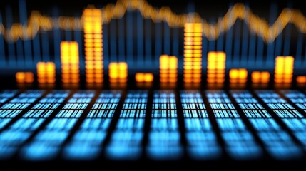 Abstract Digital Audio Spectrum Analyzer Visualization:  Orange and Blue Illuminated Bars and Grid Displaying Sound Waves Data