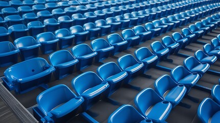 Fototapeta premium Abstract view of a large number of identical blue chairs in a public venue, forming a visually striking composition with depth, repetition, and symmetry in design