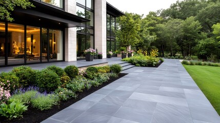 Modern house featuring a beautiful paved patio and lush garden