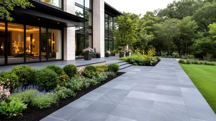 Fototapete Fotos Modern house featuring a beautiful paved patio and lush garden  © kardaska