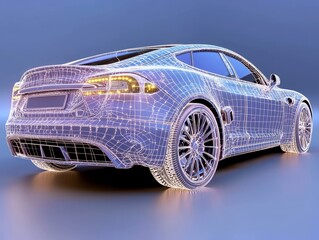 Futuristic Silver Electric Car Wireframe Render