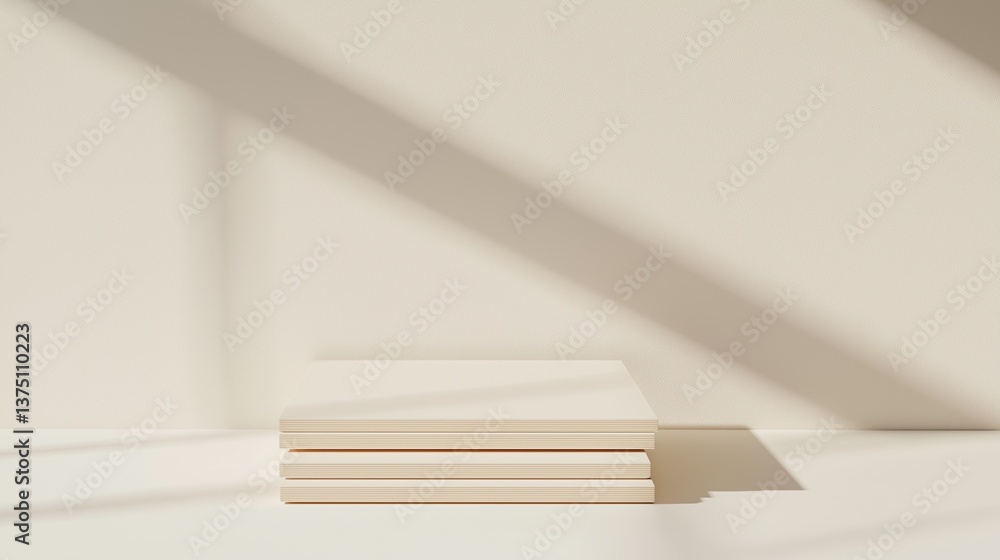 Poster stack of white books on a white surface. the books are arranged in a neat stack, with the top book s