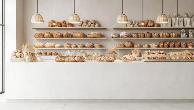 Artisan Bakery Interior: A Delightful Display of Freshly Baked Breads and Pastries