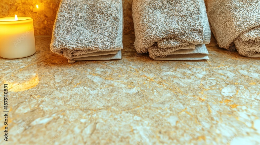 Aufkleber neatly arranged towels and candles on a bathroom counter creating an inviting and warm atmosphere