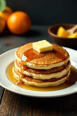 Freshly made pancakes topped with syrup and butter, fluffy, sugary