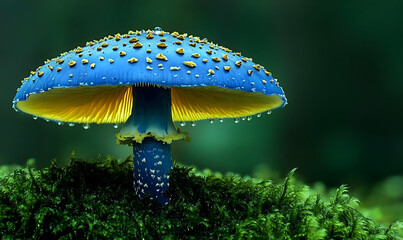 Closeup of Vibrant Blue and Yellow Mushroom on Mossy Forest Floor