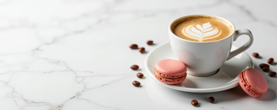 Gourmet macarons and latte coffee on sleek white marble background, cafe, luxury