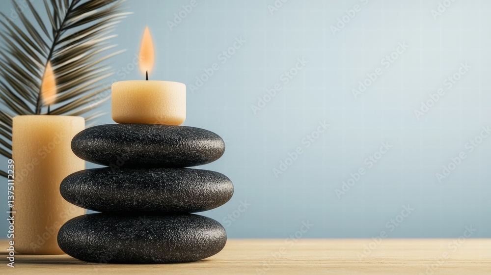 Poster tranquil candlelight and a balanced stack of smooth rocks set against a calming natural backdrop