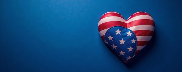 Fototapeta premium Heart-shaped American flag with stars and stripes on blue background, heart, symbol