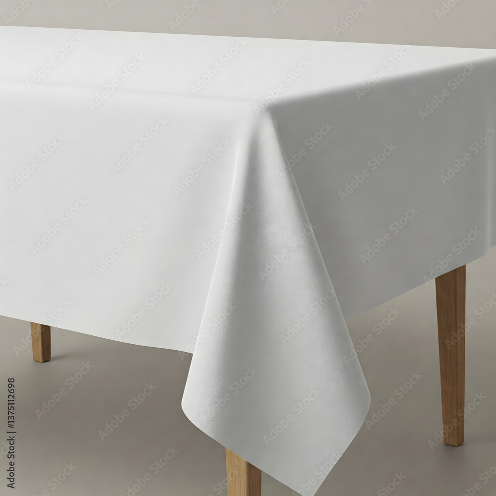 Poster tablecloth on table: the image features a simple rectangular table draped with a pristine, unadorned