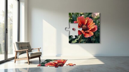 A partially completed jigsaw puzzle depicting a vibrant flower on a wall, complemented by scattered puzzle pieces on the floor near a comfortable armchair in a sunlit room.