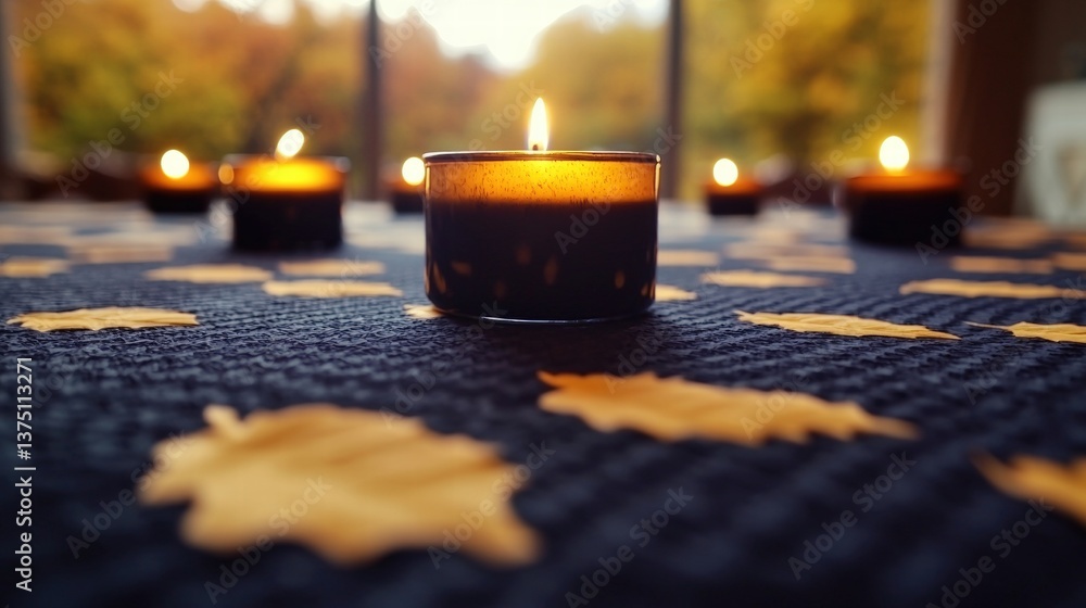 Poster a simple yet striking candle placed on a table creating a warm and inviting ambiance in a room