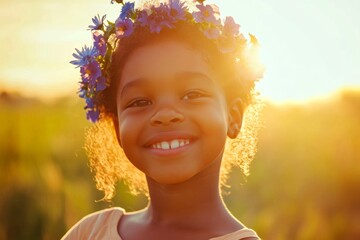 Fototapeta premium Golden hour in sunset. Happy summertime symbol. Happy black child girl wearing blue flower circlet on her head. Summer memories with flowers. Childâ€™s peaceful summer happiness.