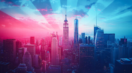 Fototapeta premium Famous American cities poster collection. USA red white and blue city prints