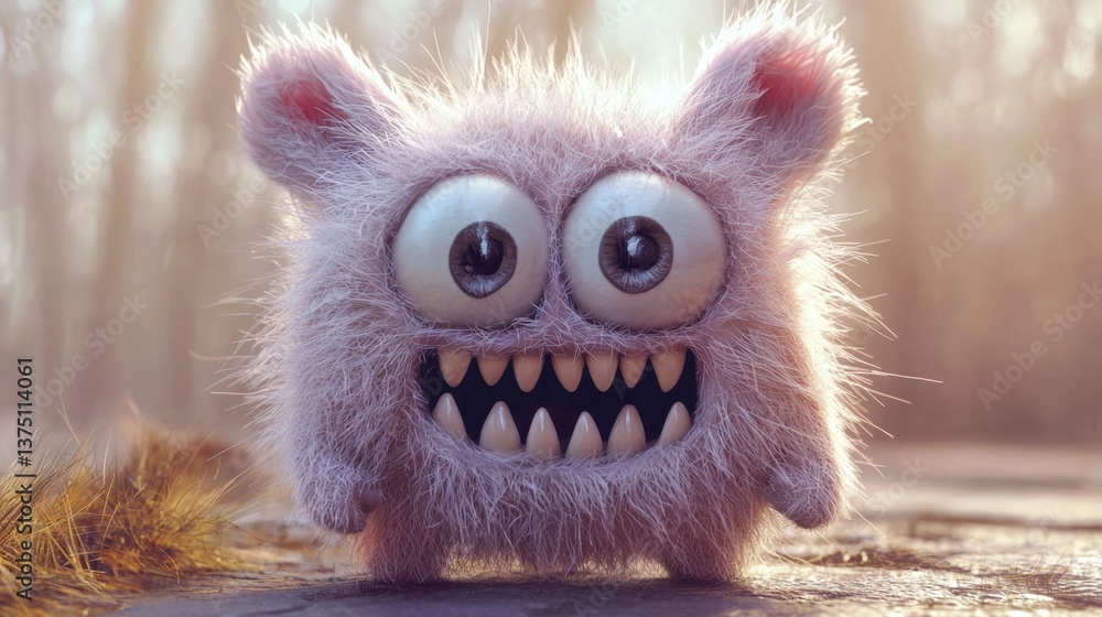 Poster a fluffy creature with oversized eyes and a wide grin filled with sharp teeth stands on a forest pat