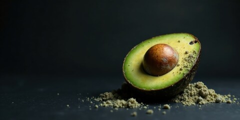 Half an avocado resting on a dark surface, sprinkled with a fine powder.  A study in contrasting textures and colors.