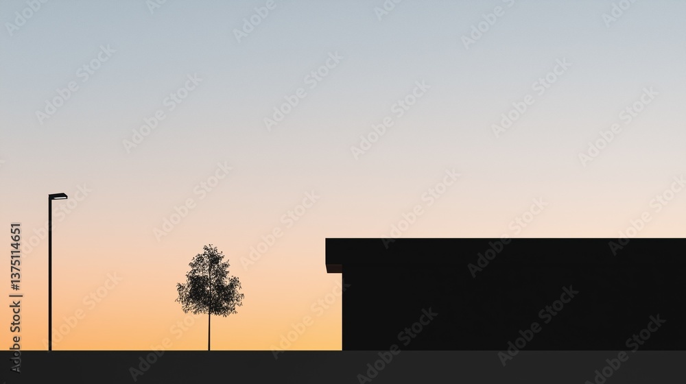 Poster silhouette of a street lamp on the left side and a building on the right side. the sky is a gradient