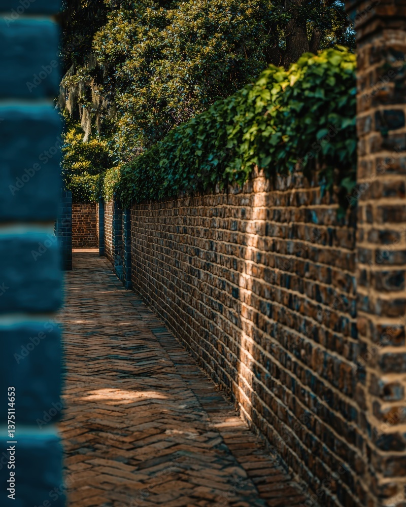 Poster a sturdy brick wall complemented by a tree creating a harmonious blend of nature and architecture