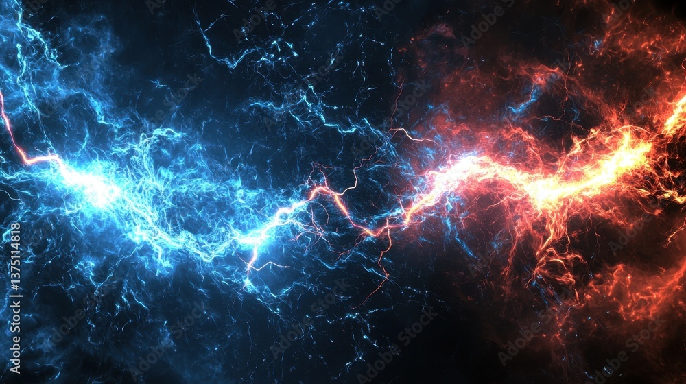 Poster brilliant blue and red electric arcs collide against a dark backdrop, creating a stunning display of