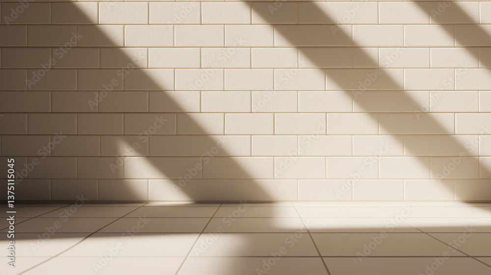 Poster empty room with a white tiled wall and floor. the wall is made up of small, rectangular tiles arrang