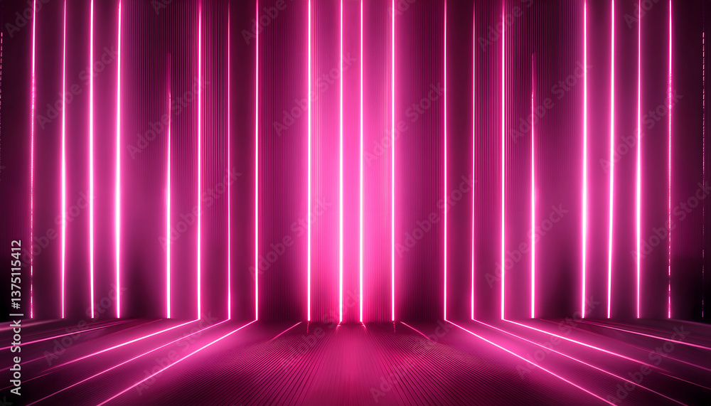 Poster vibrant pink and purple vertical lines create a dynamic backdrop with light and shadow effects