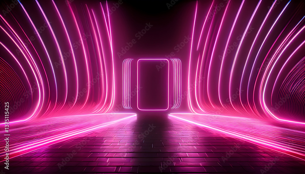 Poster futuristic corridor illuminated with pink neon lights, creating an immersive and vibrant atmosphere