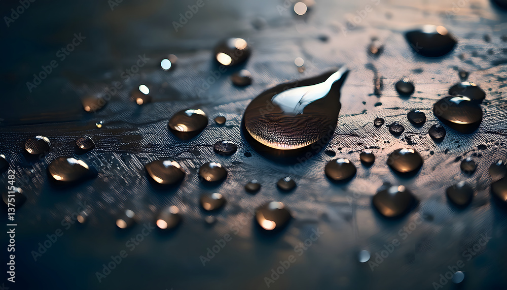 Poster close-up of water droplets on a dark surface, showcasing reflections and textures in a moody atmosph