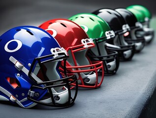 Fototapeta premium Close-up of colorful football helmets lined up on the field, showcasing different team colors and designs for a competitive game, with a focus on the vibrant, bold helmets.