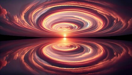 Clouds swirl in wide arcs forming a spiral of blush and gold aro