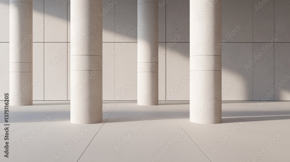 Poster group of four white columns standing in a row against a white wall. the columns are tall and slender